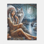 Indianerinnen und Wolf am ruhigen Fluss Fleecedecke (Vorderseite)