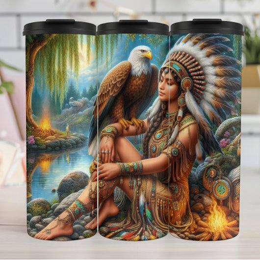 Indianerische Schönheit, Guardian Eagle, Mystisch. Thermosbecher