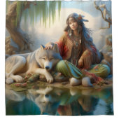 Indianermädchen, die einen Moment mit ihrem Wolf g Duschvorhang (Vorderseite)