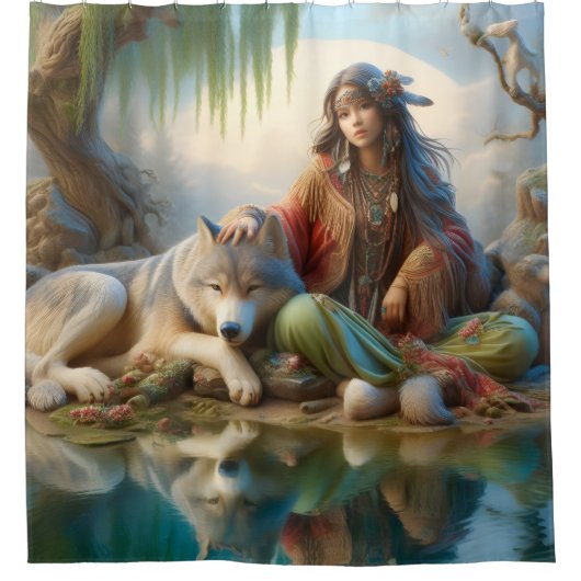 Indianermädchen, die einen Moment mit ihrem Wolf g Duschvorhang (Vorderseite)