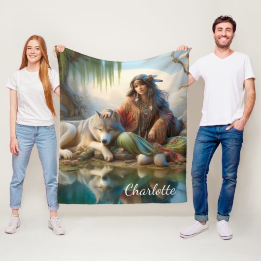 Indianermädchen, die einen Moment mit ihrem Wolf g Fleecedecke (Beispiel)