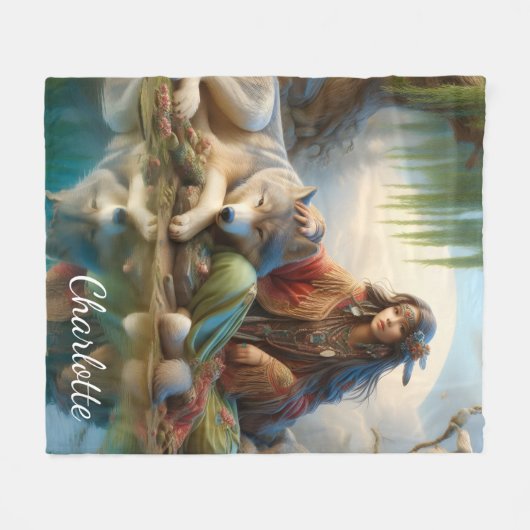 Indianermädchen, die einen Moment mit ihrem Wolf g Fleecedecke (Vorderseite (Horizontal))