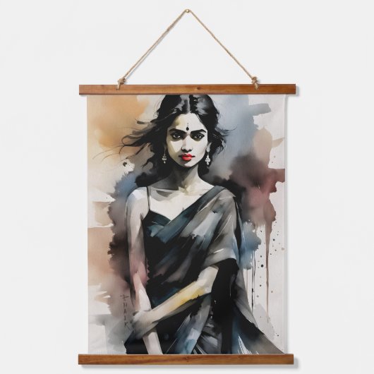 Indianermädchen in Sari Wandteppich Mit Holzrahmen (Vorderseite)