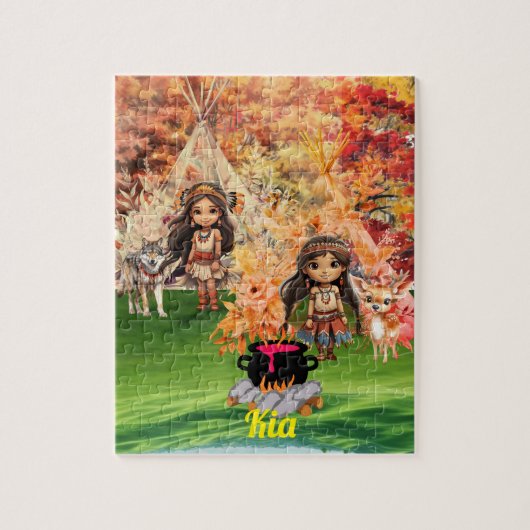 Indianermädchen mit Waldtieren Puzzle (Vertikal)