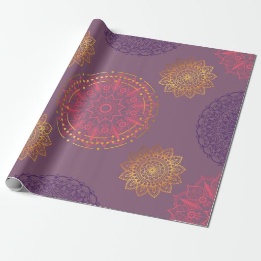 Indianermandala lila mit Gold Geschenkpapier (Ungerollt)