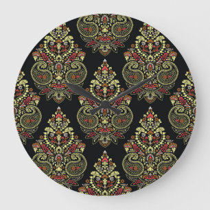 Indianerpaisley, geometrischer schwarzer Hintergru Große Wanduhr