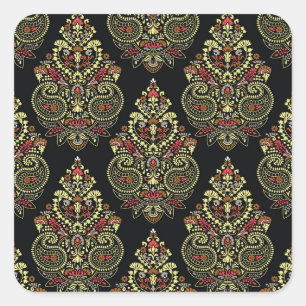 Indianerpaisley, geometrischer schwarzer Hintergru Quadratischer Aufkleber
