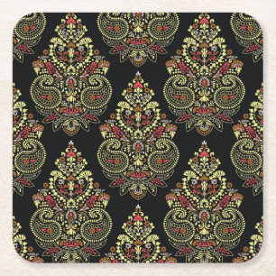 Indianerpaisley, geometrischer schwarzer Hintergru Rechteckiger Pappuntersetzer