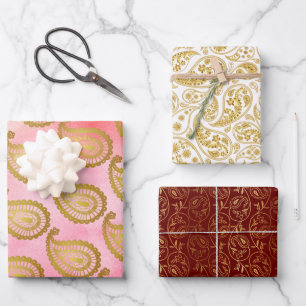 Indianerpaisley in Weiß, Maron und Rosa Geschenkpapier Set