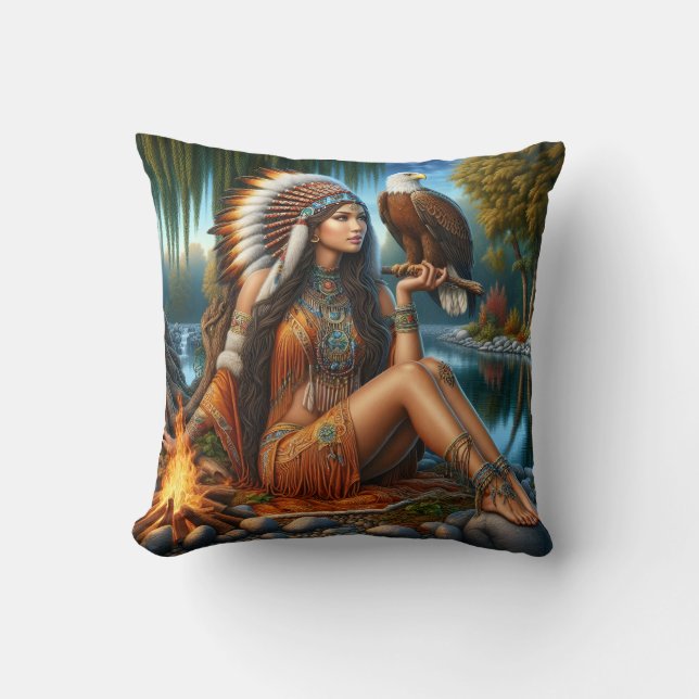 Indianische Frau mit einem Adler am Fluss Kissen (Vorderseite)