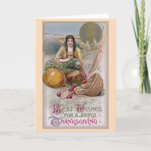 Indianische Frau mit Truthahn Vintage Thanksgiving Feiertagskarte