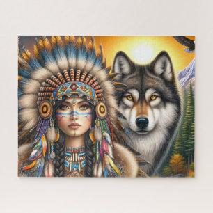 Indianische Frau mit Wolf Puzzle
