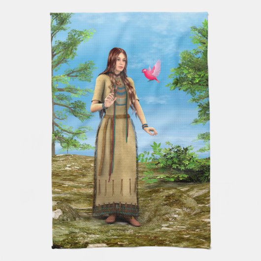 Indianische Frau Waldvogel Kunst Geschirrtuch (Vertikal)