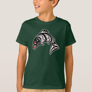 Indianische Rot-Schwarz-Weiße Haida-Kunst Lachs T-Shirt
