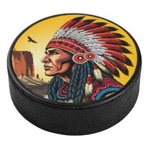 Indianischer Chef der wilden Landschaft Sunset Eishockey Puck