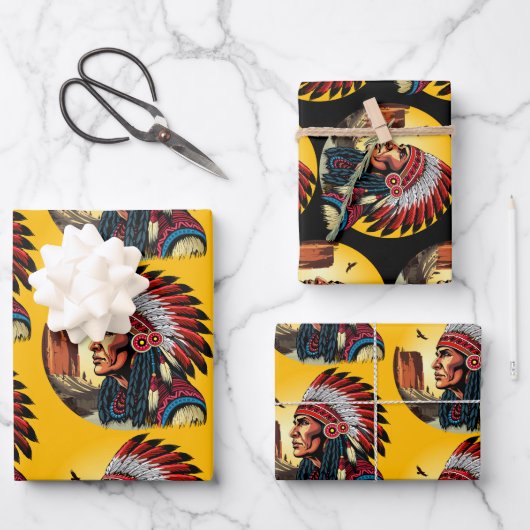 Indianischer Chef der wilden Landschaft Sunset Geschenkpapier Set (Vorderseite)