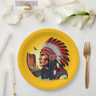 Indianischer Chef der wilden Landschaft Sunset Pappteller
