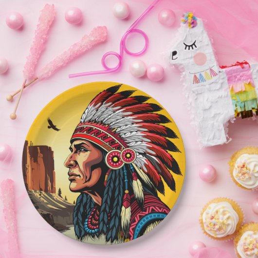 Indianischer Chef der wilden Landschaft Sunset Pappteller (Party)