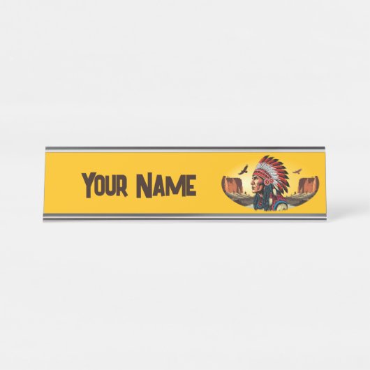 Indianischer Chef der wilden Landschaft Sunset Pen Schreibtischnamensplakette (Vorderseite )