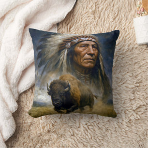 Indianischer Häuptling mit anstürmendem Büffel Kissen
