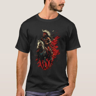 Indianischer Häuptling Pferd Reiten Feder Kopfschm T-Shirt