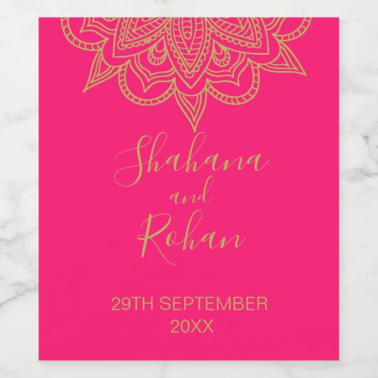 Indianischer Stil rosa Gold Farbe Moderne Hochzeit Weinetikett (Einzelnes Label)