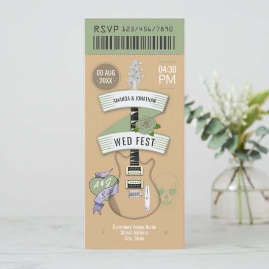 Indie Acoustic Rock ’n’ Roll Wedding Ticket Einladung (Stehend Vorderseite)