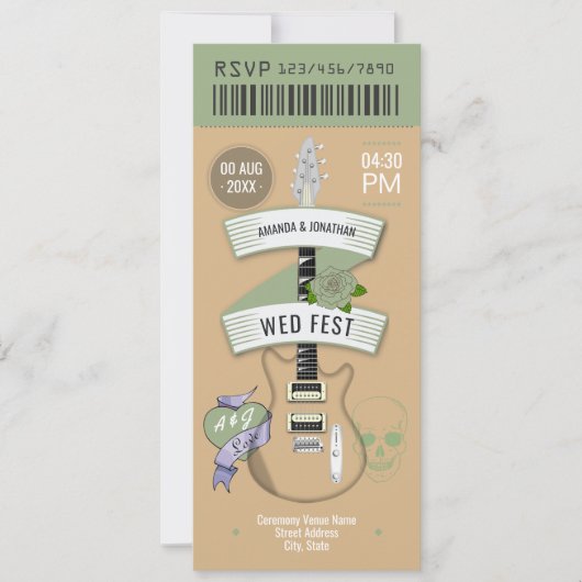 Indie Acoustic Rock ’n’ Roll Wedding Ticket Einladung (Vorderseite)