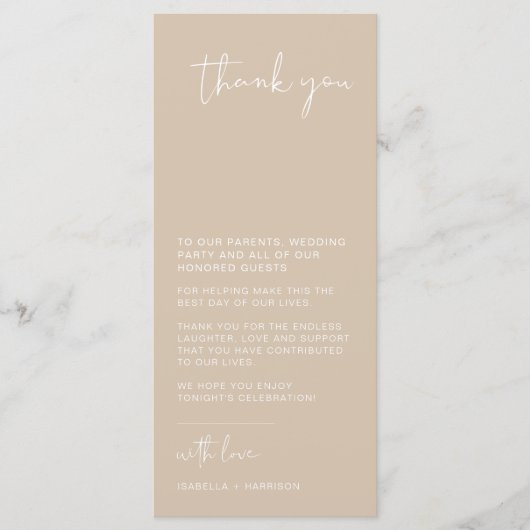 INDIE Boho Beige Wedding Table Danke Karte (Vorderseite)