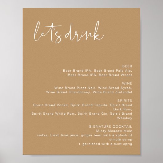 INDIE Boho Earth Toned Let's Drink Bar Menu-Zeiche Poster (Vorne)