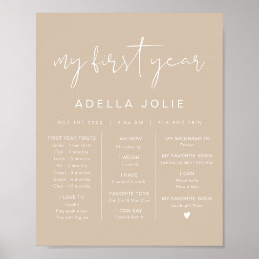 INDIE Modern Boho Beige Erster Jahr Meilenstein Poster (Vorne)