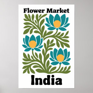 Indien Blumenmarkt Teal Lotus & Botanisches Blatt Poster