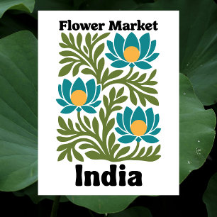 Indien Blumenmarkt Teal Lotus & Botanisches Blatt Postkarte