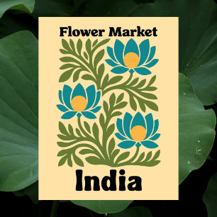 Indien Blumenmarkt Teal Lotus & Botanisches Blatt Postkarte