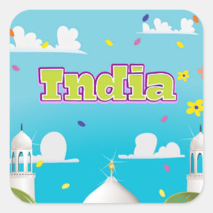Indien Cartoon Reise Druck. Quadratischer Aufkleber