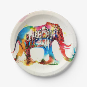 Indien-Elefant-Vintager Reise-LiebeWatercolor Pappteller