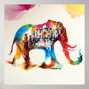 Indien Elephant Vintage Travel Liebe Wassercolor Poster