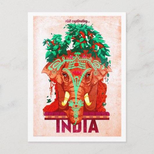 Indien, roter Elefant, Vintage Reise Postkarte (Vorderseite)