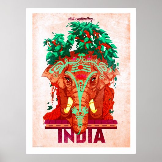 Indien, roter Elefant, Vintage-Reiseplakat Poster (Vorne)