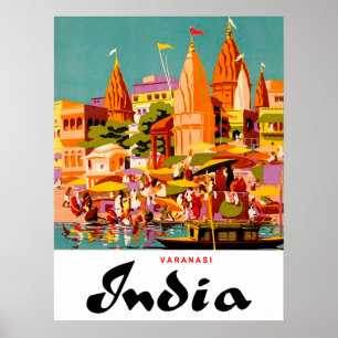 Indien, traditionelle Gebäude in Varanasi-Stadt Poster