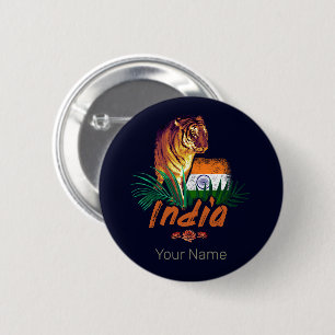 Indien Vintager Tiger mit Flaggen Retro Lotus Souv Button