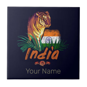 Indien Vintager Tiger mit Flaggen Retro Lotus Souv Fliese