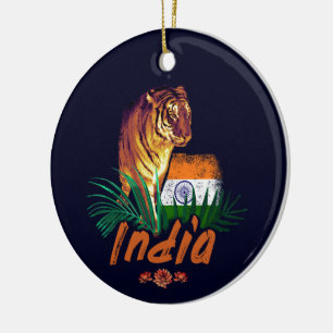 Indien Vintager Tiger mit Flaggen Retro Lotus Souv Keramik Ornament
