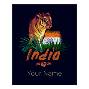 Indien Vintager Tiger mit Flaggen Retro Lotus Souv Poster