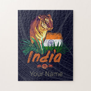 Indien Vintager Tiger mit Flaggen Retro Lotus Souv Puzzle