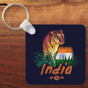 Indien Vintager Tiger mit Flaggen Retro Lotus Souv Schlüsselanhänger