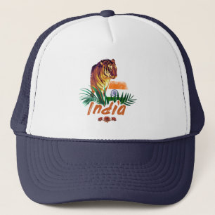 Indien Vintager Tiger mit Flaggen Retro Lotus Souv Truckerkappe