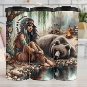 Indigene Frau, Bär, Wasser: Reflektion Thermosbecher