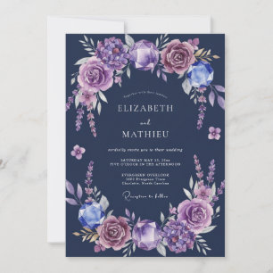 Indigo Amethyst Blütenhochzeit Einladung