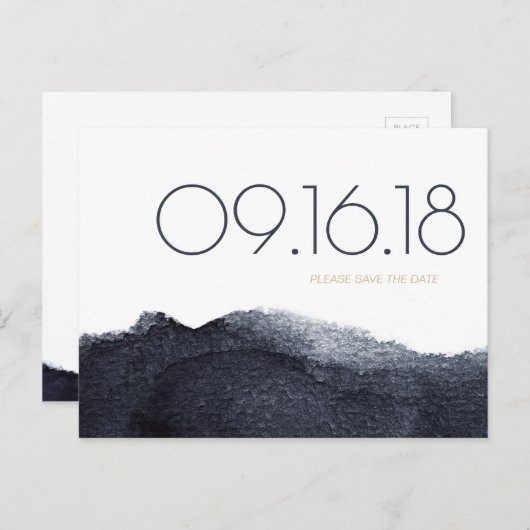 Indigo Aquarell modern, einfach Save the Date Ankündigungspostkarte (Vorne/Hinten)
